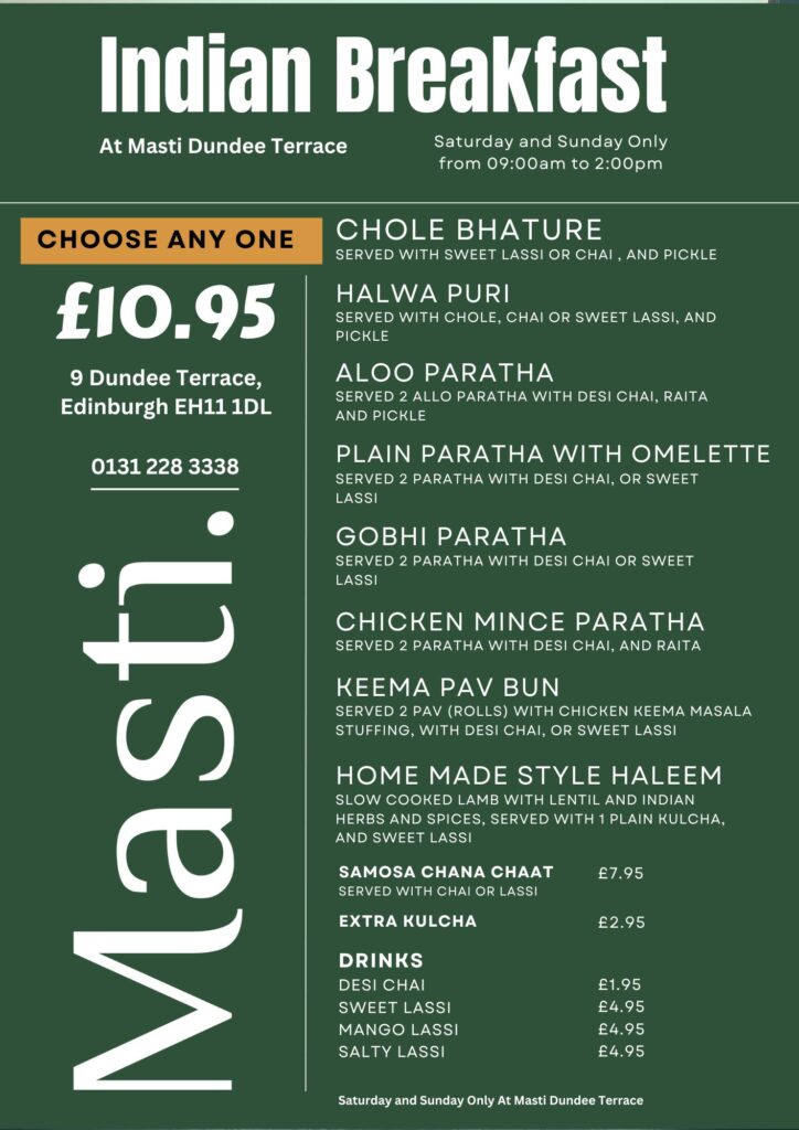 Indian Breakfast in edinburgh menu