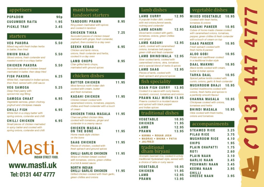 Masti Indian Restaurant takeaway menu in edinburgh